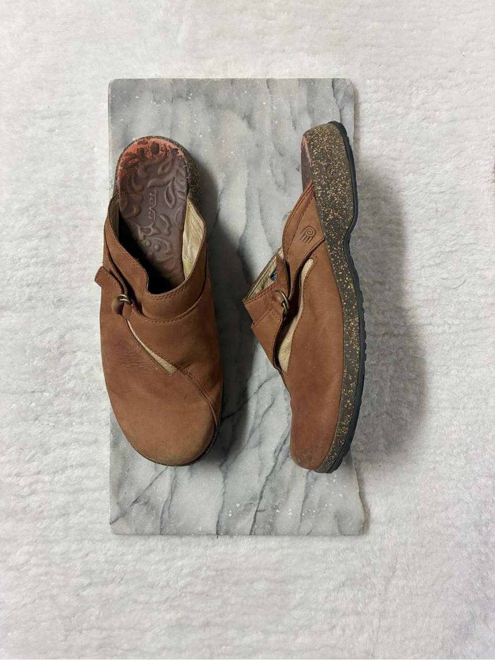 TEVA Leather Cork Wedge Clogs Mules Brown Suede Slip On Size 9